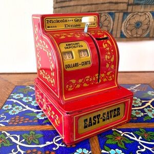 Vintage 70s Buddy L Easy-Saver Coin Bank Red Tin Toy Western Style Tested WORKS!